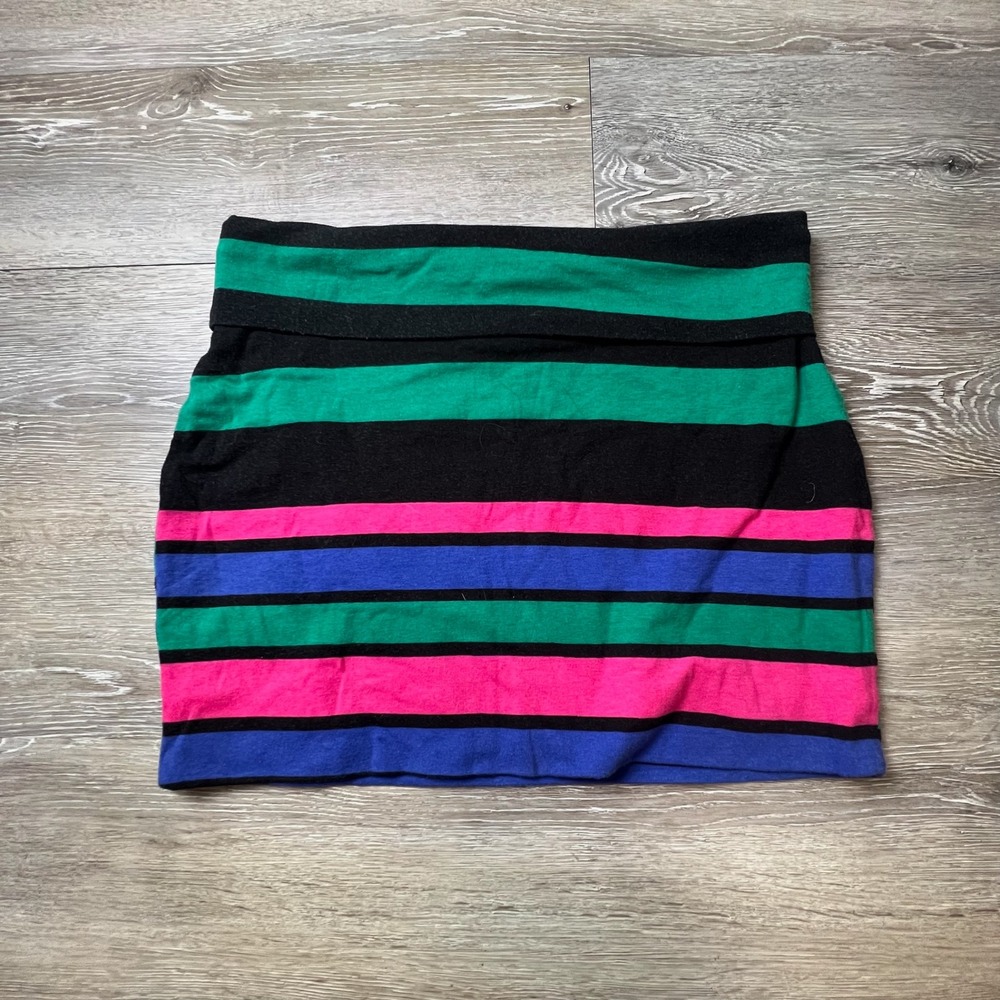 Lily Rose Striped Mini Skirt Women L Multicolor Pink Green Blue Y2K Neon Stretch